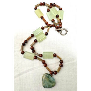 Southwestern Jadeite Heart Beaded Necklace Sea Glass Red Brown Agate Statement